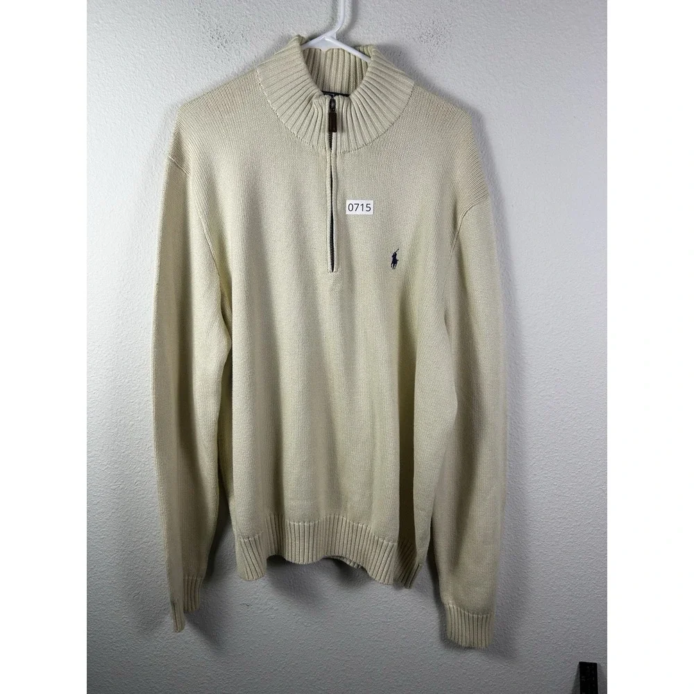 Vintage 90s Polo Ralph Lauren Sweater Mens XL Cream Quarter Zip Pullover Pony